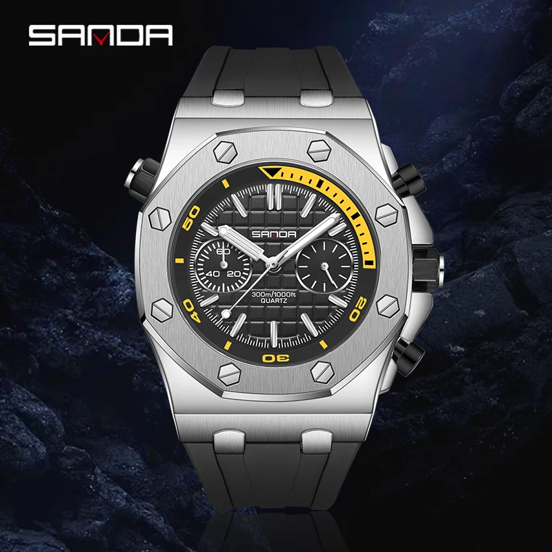 SANDA Top Brand Quartz Watches Mens Fashion Outdoors Waterproof WristWatch Date Chronograph Analog Display Silicone Strap Clock