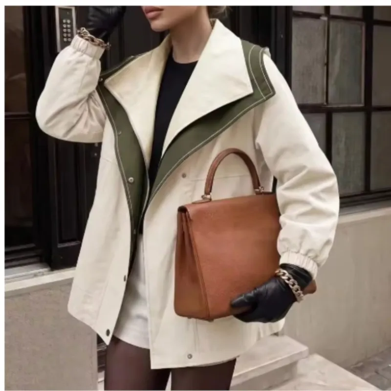 Women Color Block Lapel Jacket Zip Snap Button Closure Drawstring Waist Pocket Loose Long Sleeve Outerwear Casual Fashion Coat