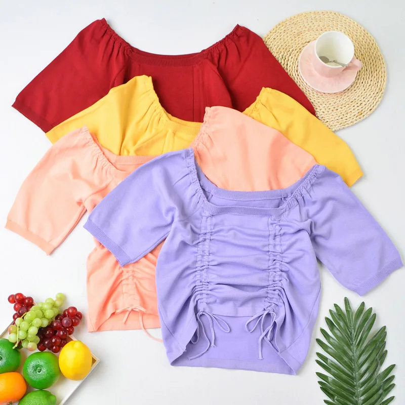 

Boring Honey Women T-Shirts Square Collar Drawstring Crop Top Knitwear Summer Short-Sleeved Top Camisetas Fashion All-Match Tops