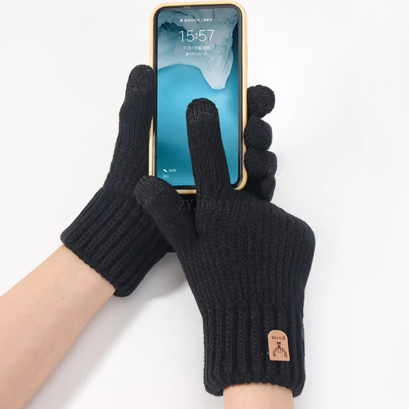 Nuevos guantes cálidos con dedos completos para hombre, guantes de invierno con pantalla táctil y forro polar para hombre y mujer, guantes de lana gruesos tejidos para conducir y ciclismo