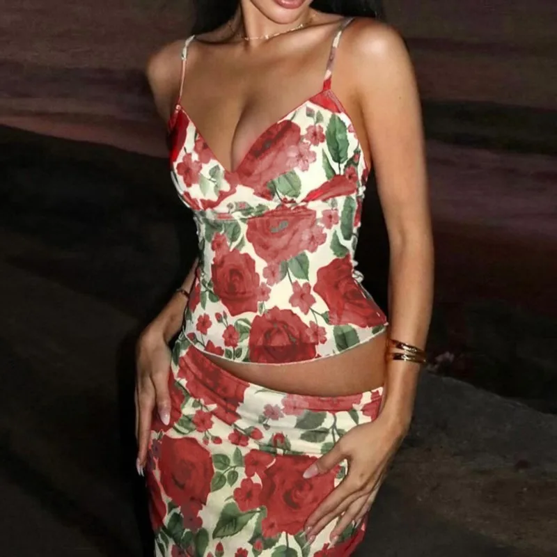 Floral Print Skirt Set For Women Fashion Sexy Deep V Neck Spaghetti Strap Tops+Package Hip Long Skirt 2 Piece Sets Holiday Beach