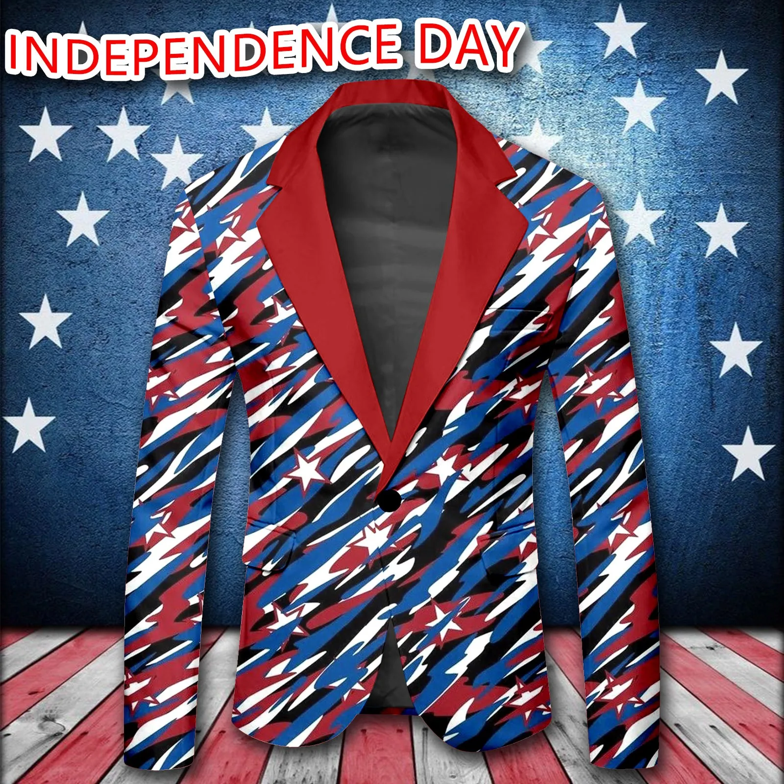 Fashion Male Independence Day Long Sleeve Jacket With Printed Buttons And Multiple Pockets For Holiday Party Events Coat