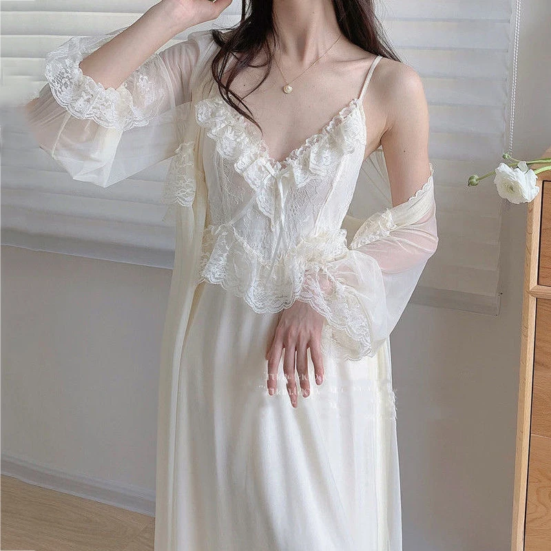 Two Piece Set Retro Palace Style Nightwear Women Nightgown Sleepwear Sexy Lace Mesh Robe Home Dressing Gown Loose Lingerie