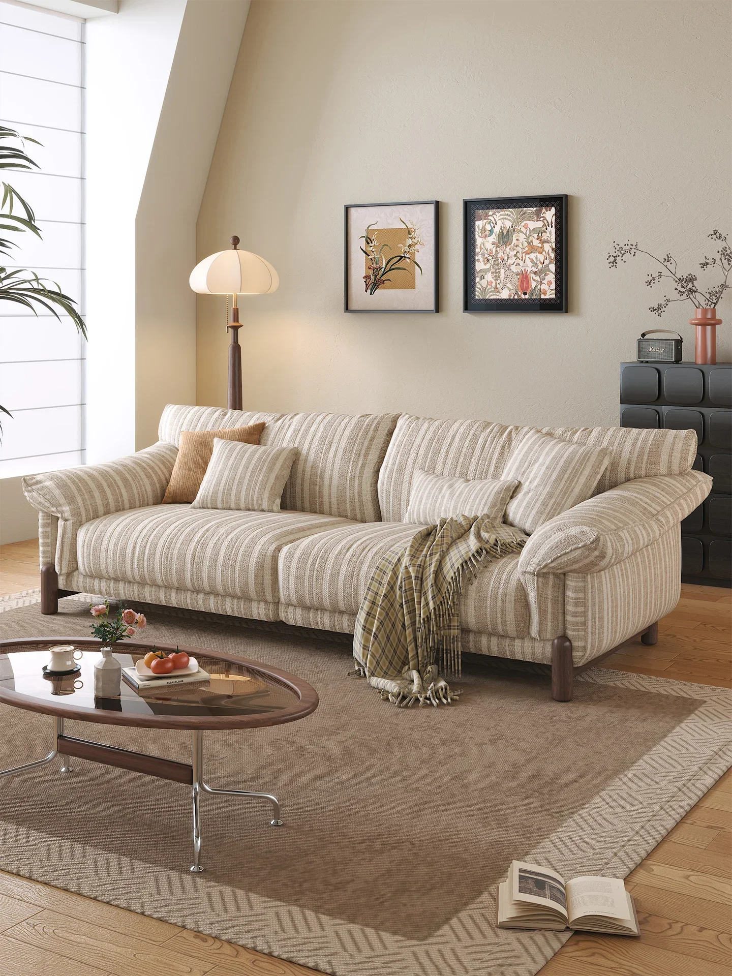 Sofa, vintage cream, cotton and linen, detachable and washable fabric, living room small apartment