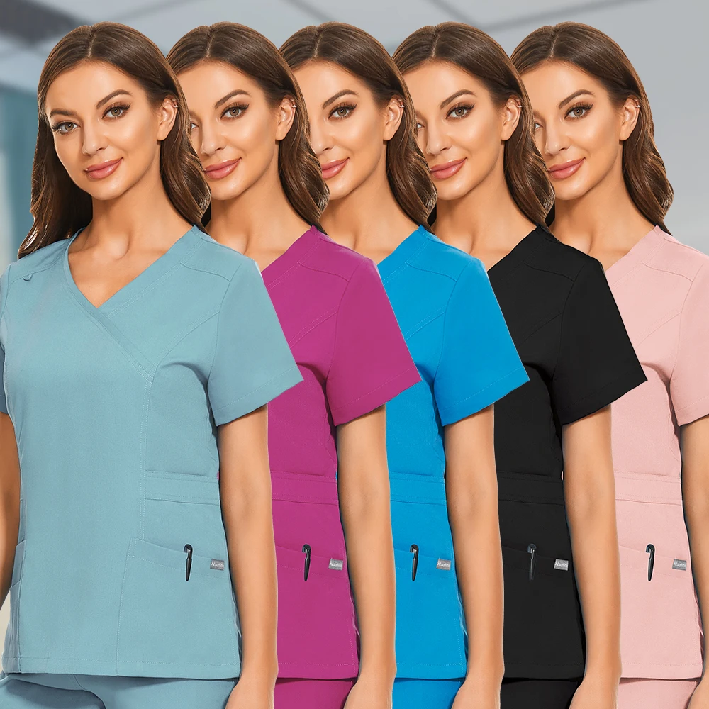 Roupa de trabalho feminina, uniformes de enfermagem, camisas de laboratório roupas de trabalho de salão de beleza, tops clínicos, 8 cores