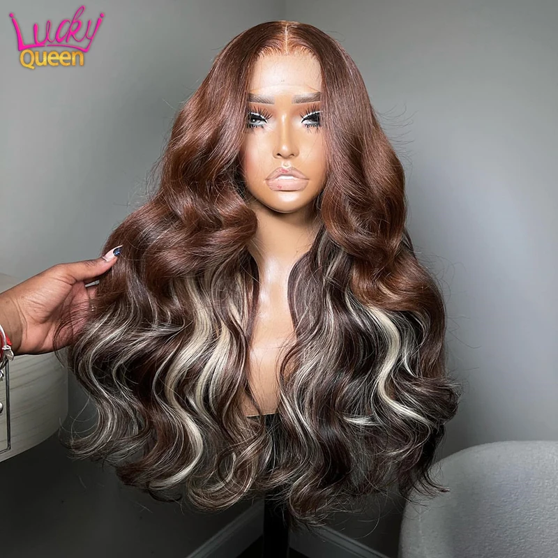 

Brown with 613 Colored Body Wave Human Hair Wig Pre Plucked Highlight Blonde 13X4 Lace Frontal Wavy Wig Transparent Lace Wig