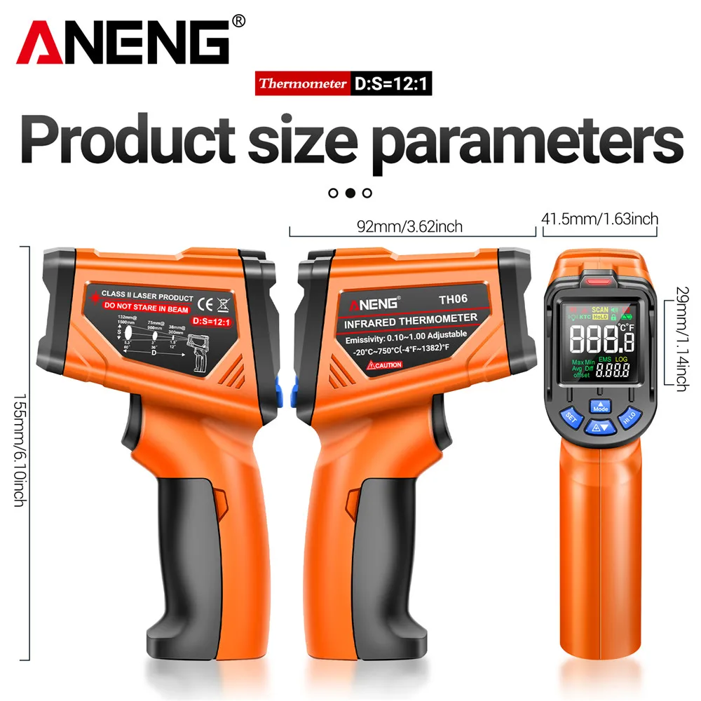 ANENG TH06 cyfrowy czujnik temperatury na podczerwień pistolet 0.1-1.00 regulowany VA termometr z odwróconym ekranem narzędzie do wykrywania