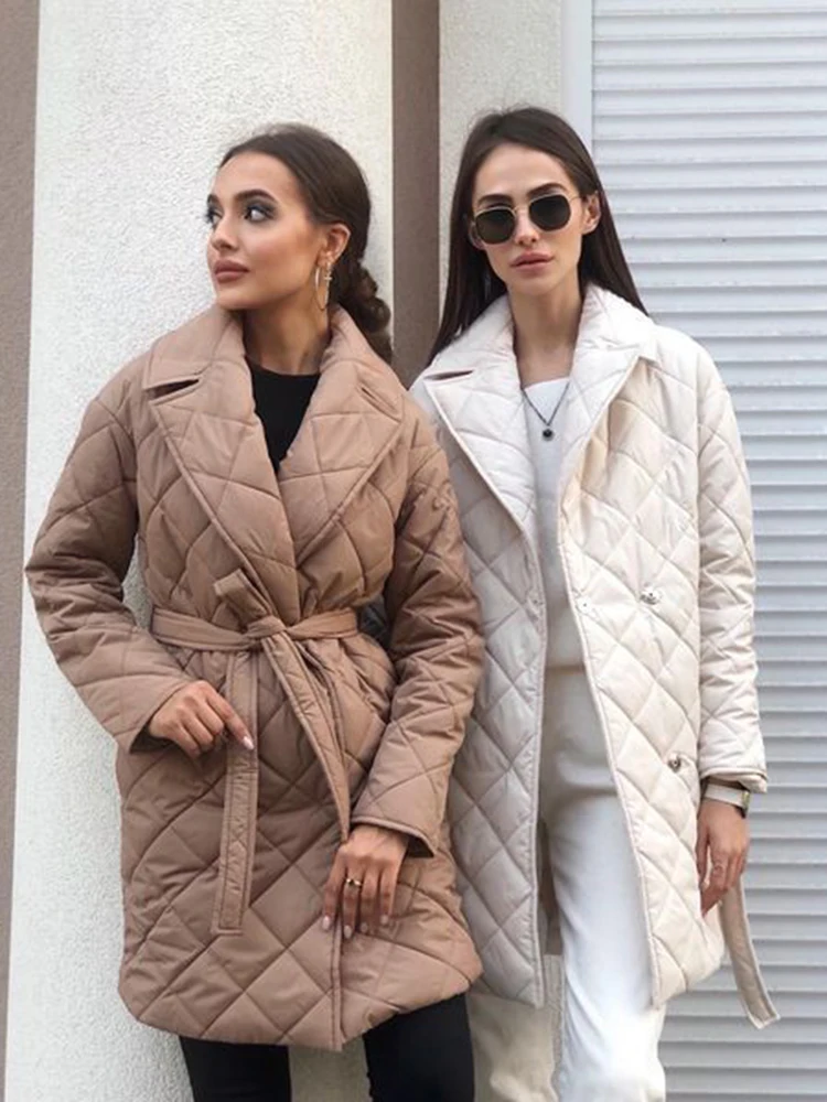 Alieneon Vintage Cotton Quilted Women's Jacket Fall Long Puffer Trench Winter Coat White Turndown Collar Bandage Padded Jacket