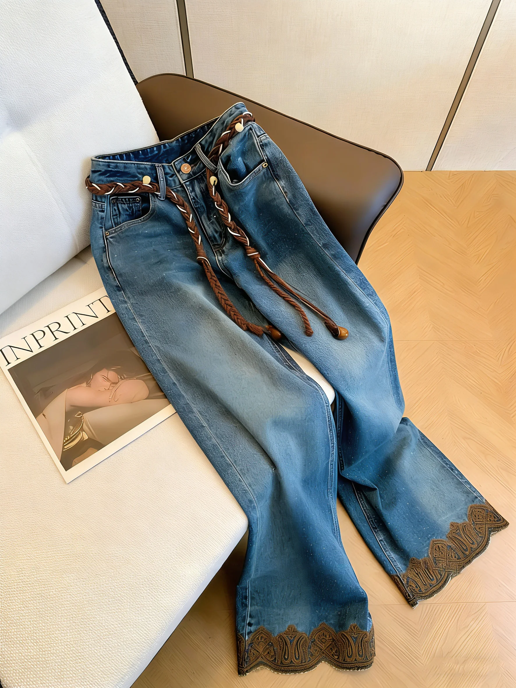 

Retro American High Waist Distressed Blue Embroidery Men's Summer Fashion Wide Leg Jeans Casual Loose Fit Versatile Pants