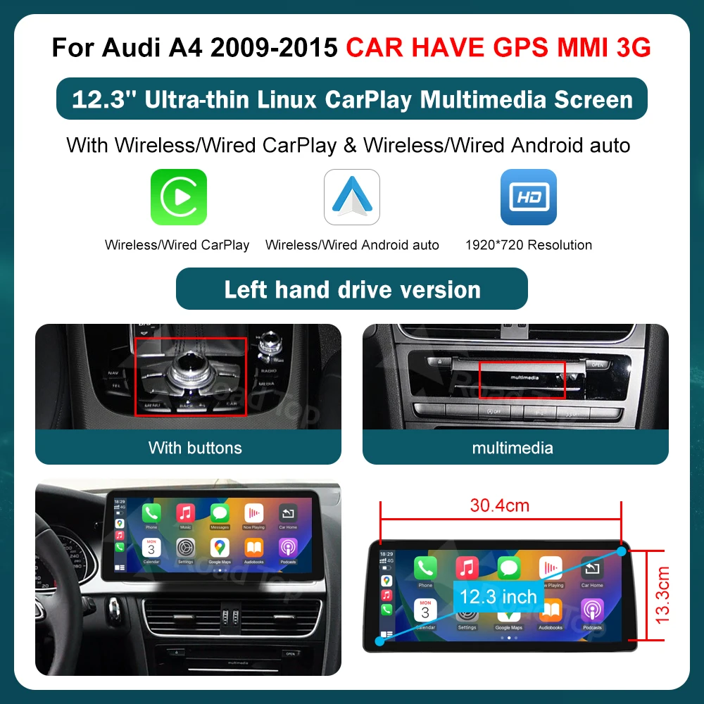 DE RoadTop 12.3 Draadloze CarPlay voor Audi A4 2009-2015 3G MMI Multimedia Linux Ultradun Scherm Android Auto Airplay Autolink