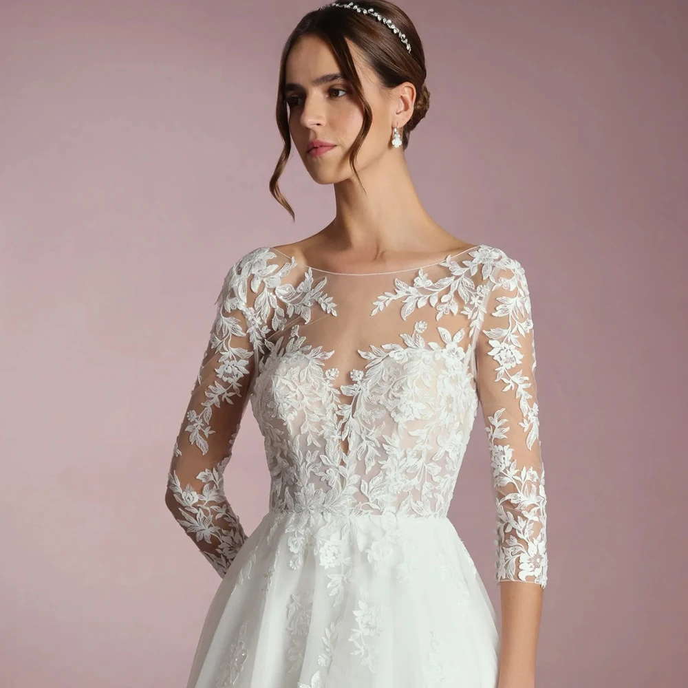 Элегантные свадебные платья с вырезом лодочкой и рукавами 3/4, трапециевидной формы, свадебные платья, индивидуальная аппликация, кружево с V-образным вырезом на спине, со шлейфом, Vestidos De Novia