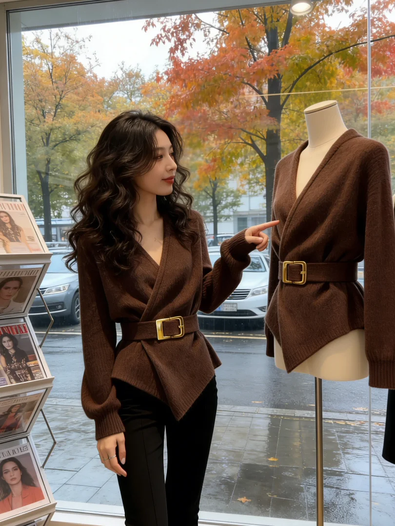 

Уникальный коричневый вязаный топ с V-образным вырезом, корейский стиль, красивый и элегантный, идеально подходит для многослойных образов.