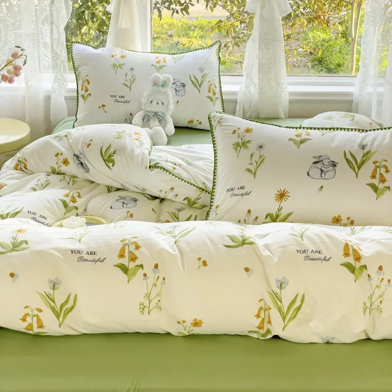 Pastoral Girls Flower Bedding Sets, Washed Cotton Bed Linens, Soft Quilt Cover Sheet Set, Simple Bedspread, Home Textiles