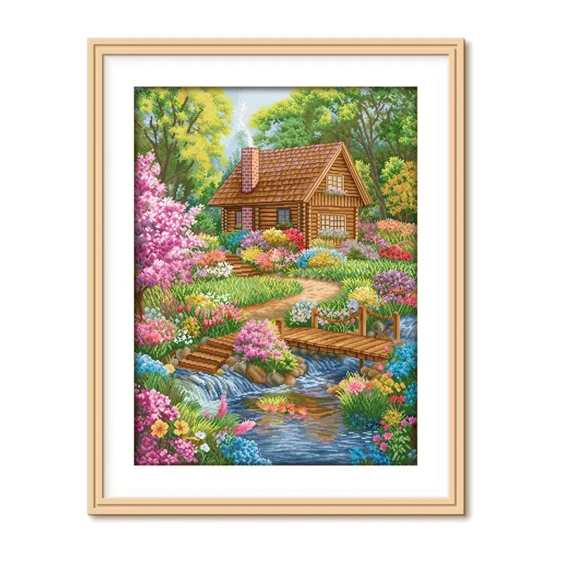 

KS 11CT 80x100cm The cottage by the stream Pre-Printed Cross Stitch DIY Embroidery Set Handicraft Floss Needle Crafts 106 Colors