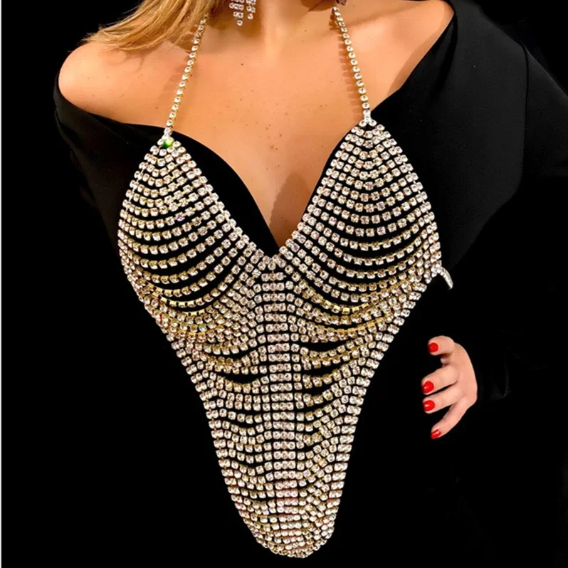 Luxury Sexy Corsage Rhinestone Body Chain Top Chest Bra Shiny Women's Sling Vest Crystal Bikini Backless V-neck Lingerie Jewelry