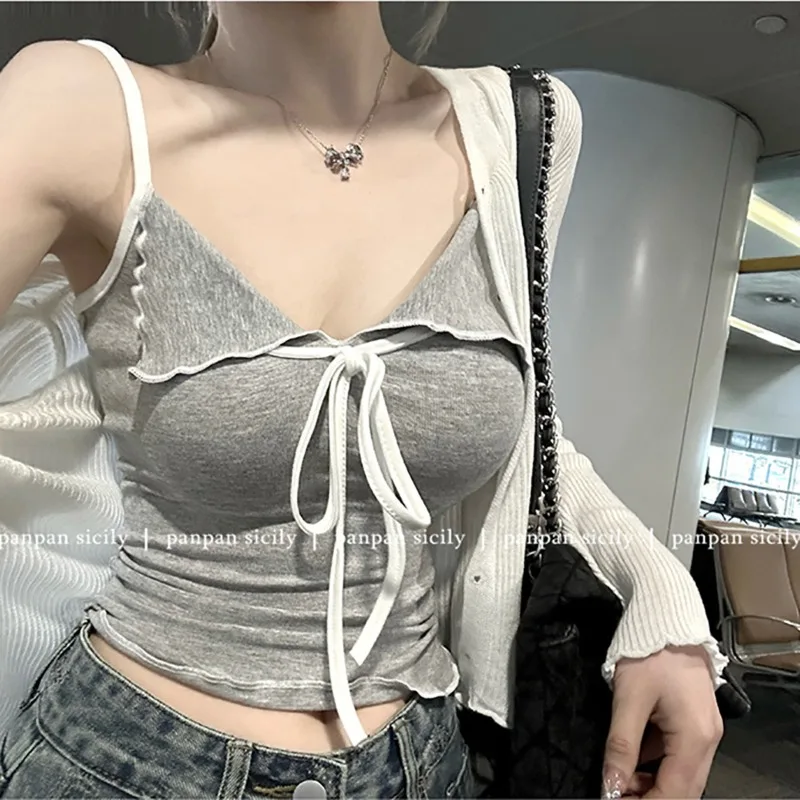 Korean Fashion Bow Strap Collared Vest Top Color Block Pure Sexy Innerwear Low Back Sleeveless Shirt for Girls Fitted Outerwear
