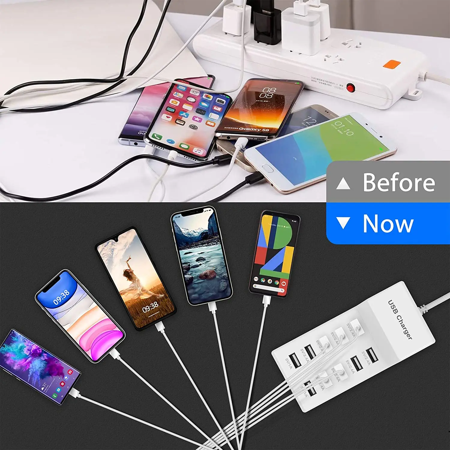 USB Charger 10-Port USB Charging Station for Multi Devices 50W USB Hub Adapter for iPhone Samsung Xiaomi Huawei Extension Socket