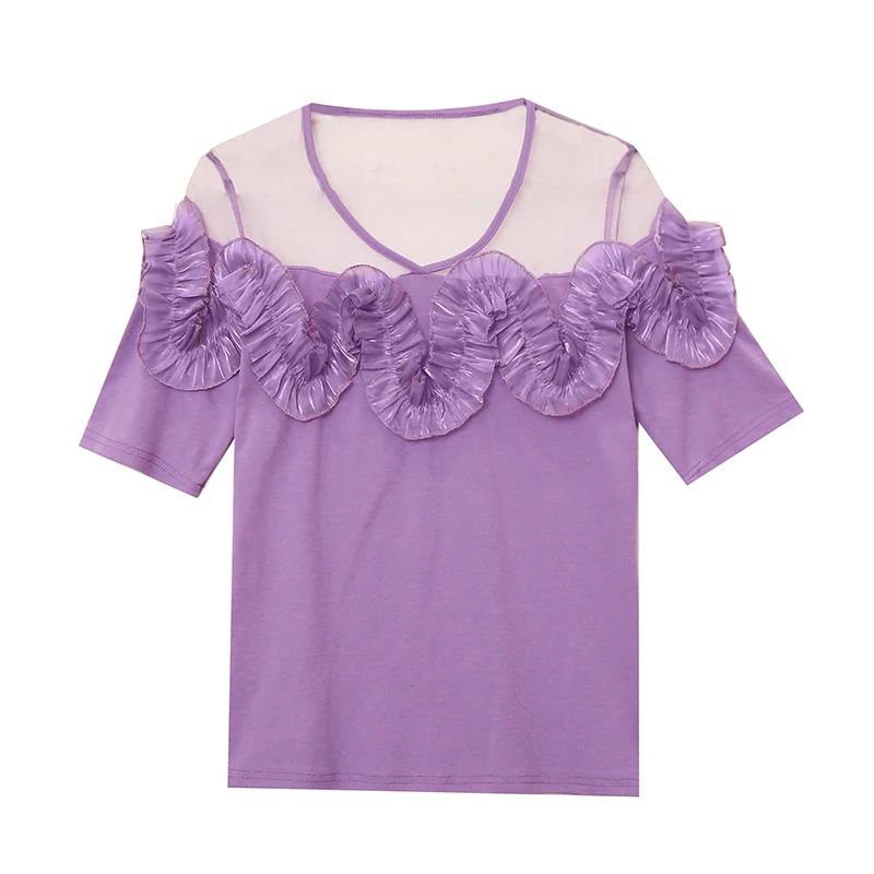 2023 New Summer Ruffles Clothes T-Shirt Women Chic Sexy O-Neck Patchwork Three-dimensional Flower Tops Short Sleeve Tees 34303