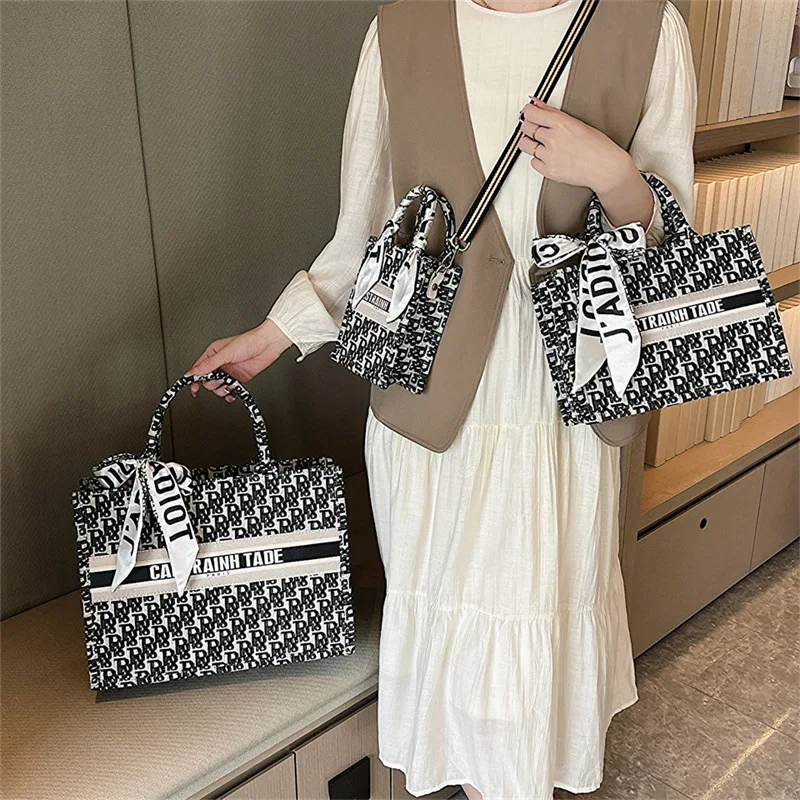 

Canvas tote bag, women's bag, 2025 spring new item, large capacity, temperament, silk scarf, trendy shoulder bag, hand-held
