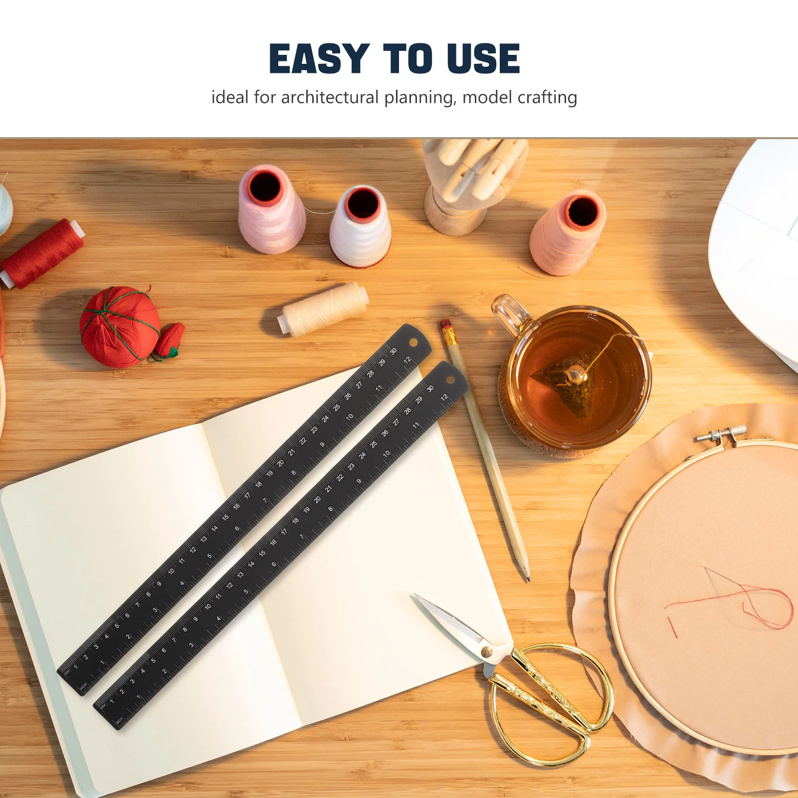 2Pcs Precision Aluminum Alloy Ruler Metal Straight Edge for Woodworking Modeling Measuring Marking Multifunctional