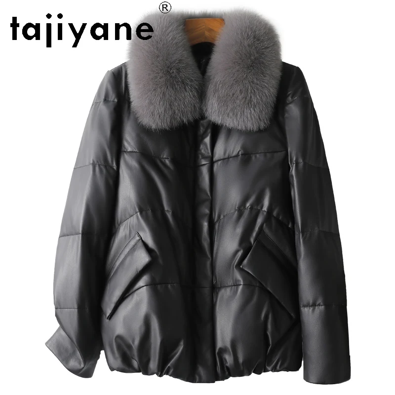 TAJIYANE 100% Skóra Owcza Najwyższej Jakości Kurtka Puchowa Damska Krótka Skórzana Kurtka z Kołnierzem z Futra Lisa Odzież Zimowa 2025