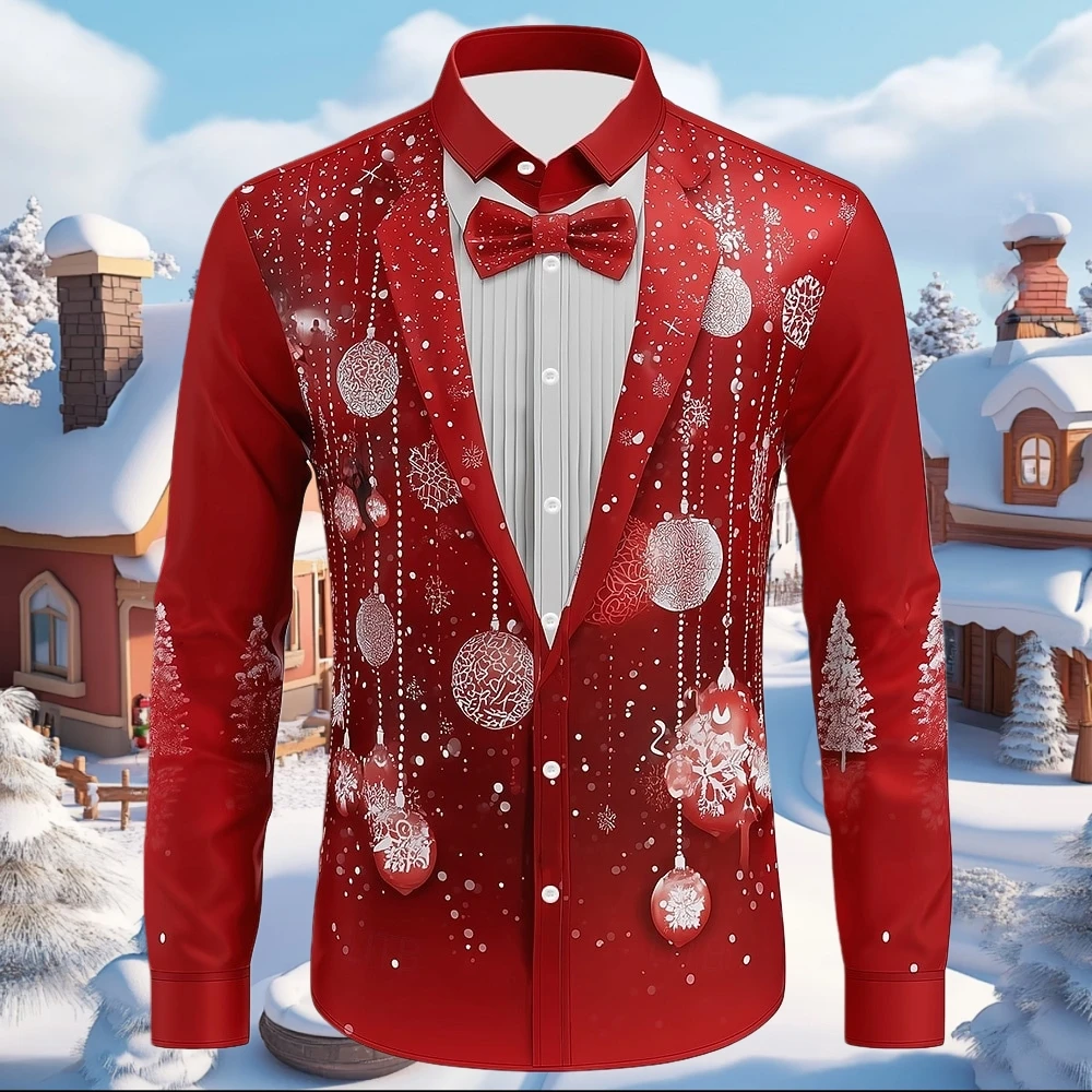2026 Christmas Men's Shirt Snowflake Formal 3D Print Tie Design Elegant Tuxedo Holiday Party Long Sleeve Autumn Men's Clothing