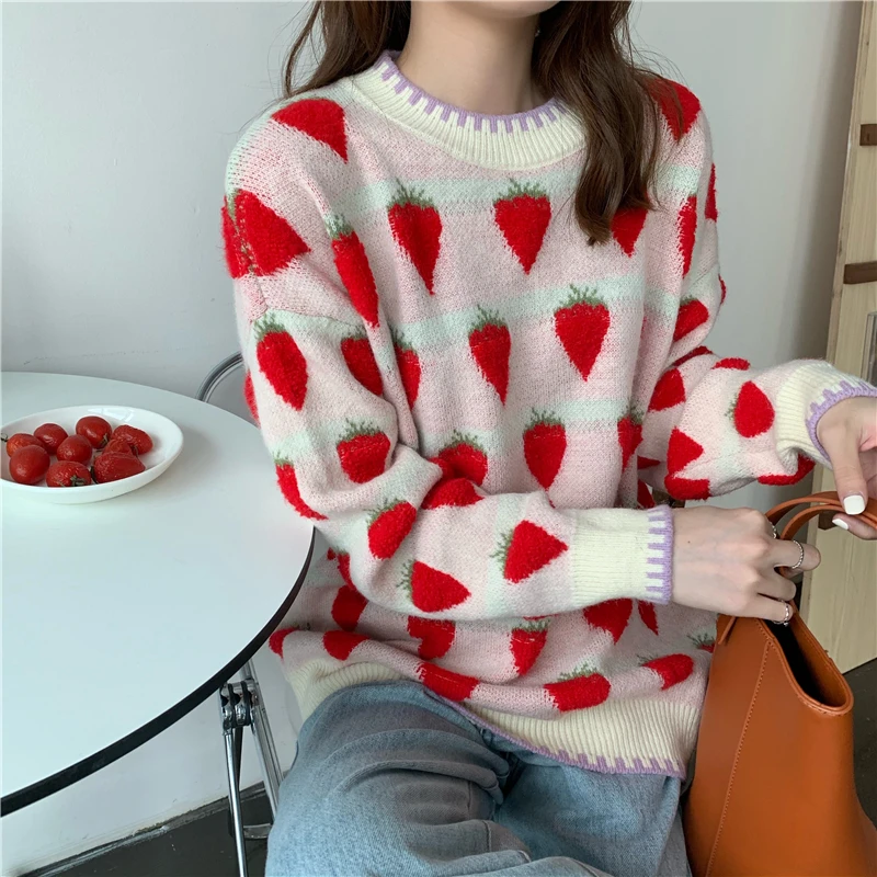 Women's Fruit Sweater Cozy Knit Cute Peach Strawberry Crew Neck Long Sleeve Oversized Pullover Jumper Soft Girl Fall Winter