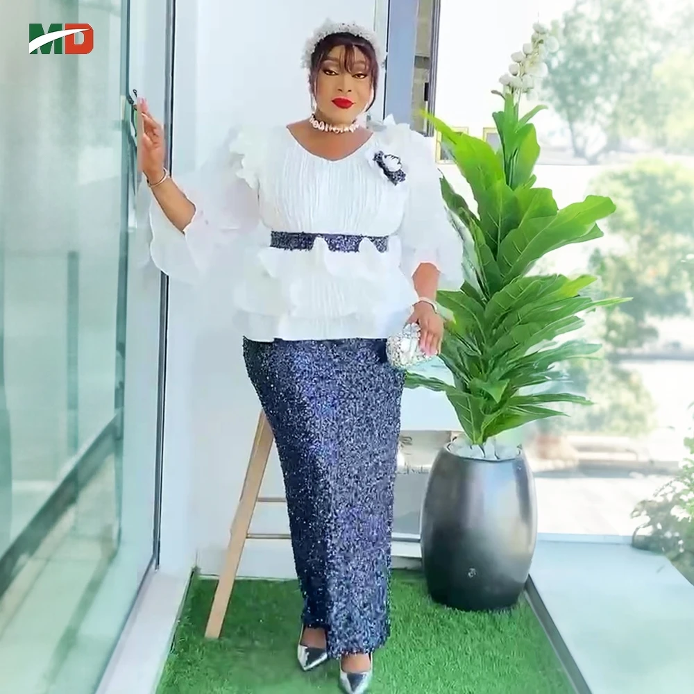 MD Африканские платья для женщин 2025 Новое вечернее свадебное платье больших размеров с блестками Элегантные марлевые топы Одежда с пышными рукавами