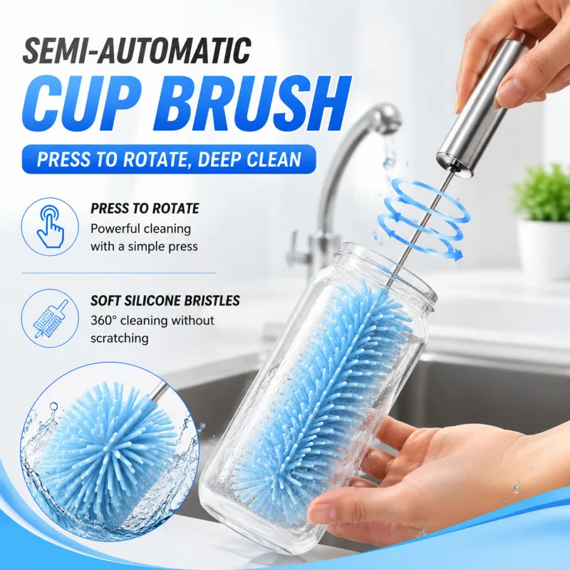 Long Handle Stainless Steel Cup Cleaning Brush Press Spin Silicone Bottle Washer for Home Kitchen Water Bottle Mug Washing Tool