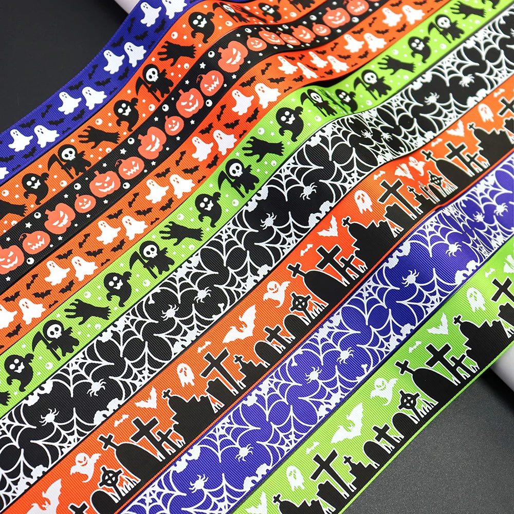 25mm 38mm Glow In The Dark Halloween Spider Web Bat Ghost Pumpkin Printed Grosgrain Ribbons For Hair Bows DIY Handmade Materials