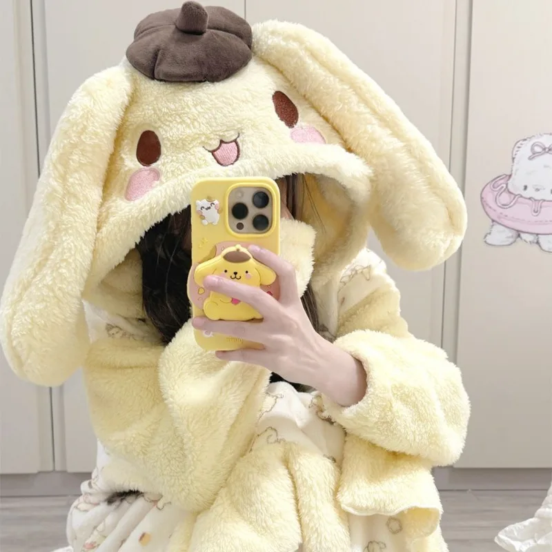 

Kawaii PomPomPurin Sanrio студенческие милые удобные теплые пижамы с героями мультфильмов, детские флисовые халаты, брюки, подарок для детей