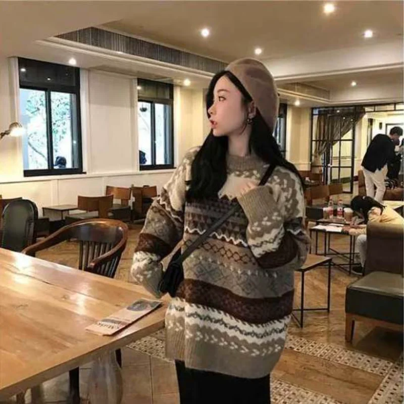 New Vintage Sweater Women\'s Pullover Winter Striped Pullover Korean Version Loose Pullover Knitted Casual Loose Sweater Women