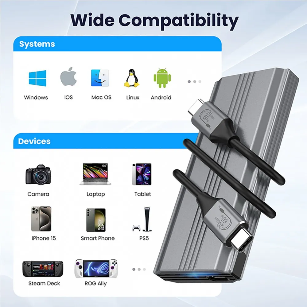 Hard Drive Adapters M.2 NGFF NVME M-key SATA SSD to Type-C USB3.2 20Gbps PCBA Enclosure Support 2280/2242/2260mm RTL9220