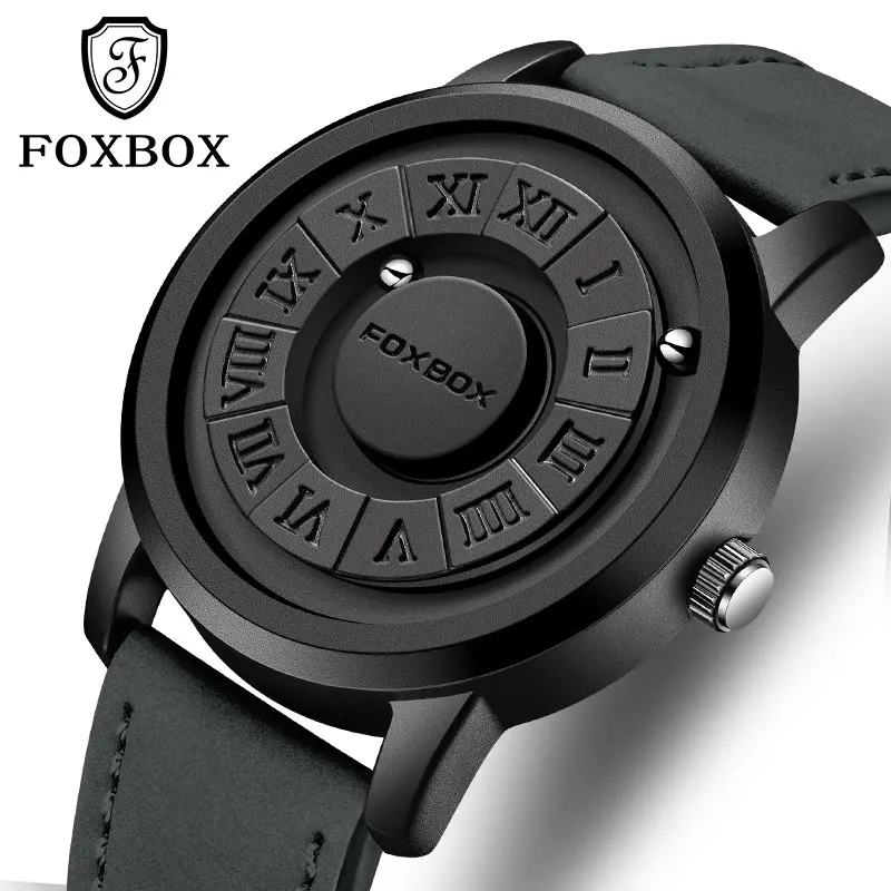 FOXBOX Orologi da uomo Puntatore a scorrimento creativo Orologio da polso al quarzo con forza magnetica Orologio da uomo in vera pelle Relogio Masculino + scatola