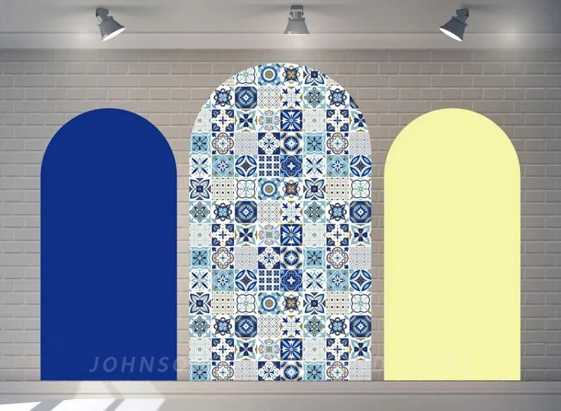 Blue Mosaic Tile Arch Backdrop Cover Mediterranean Style Birthday Ceramic Pattern Fabric Party Background