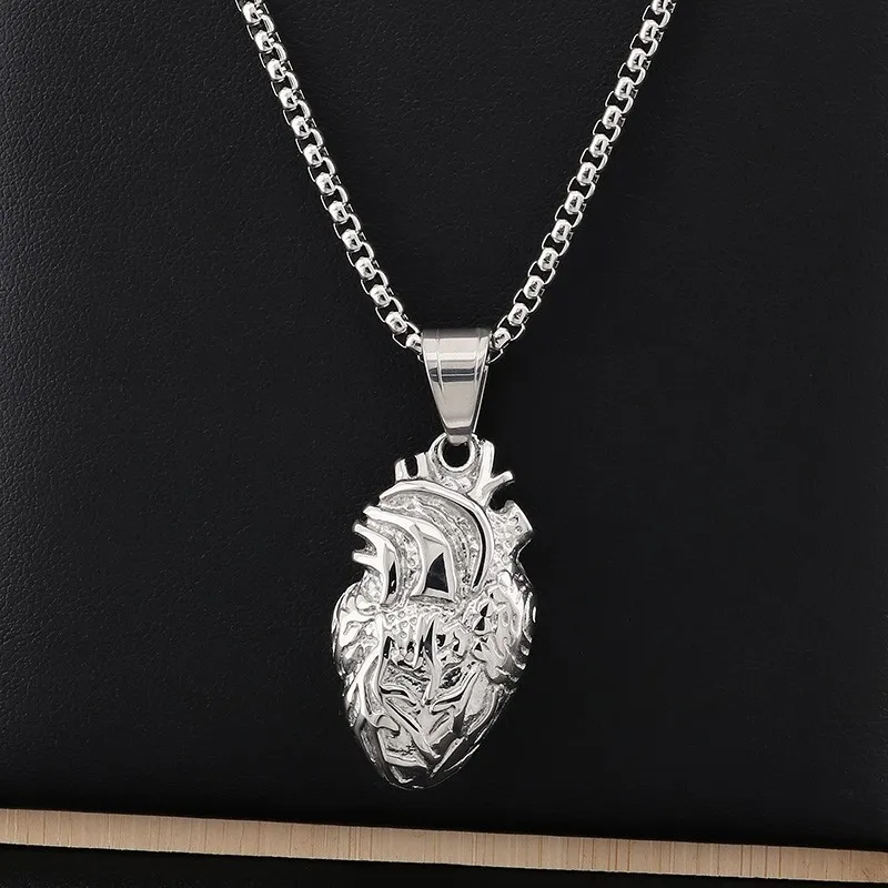 Personality Punk Quality 18K Gold Plated Titanium Steel Anatomical Heart Pendant Necklace for Men Creative Jewelry