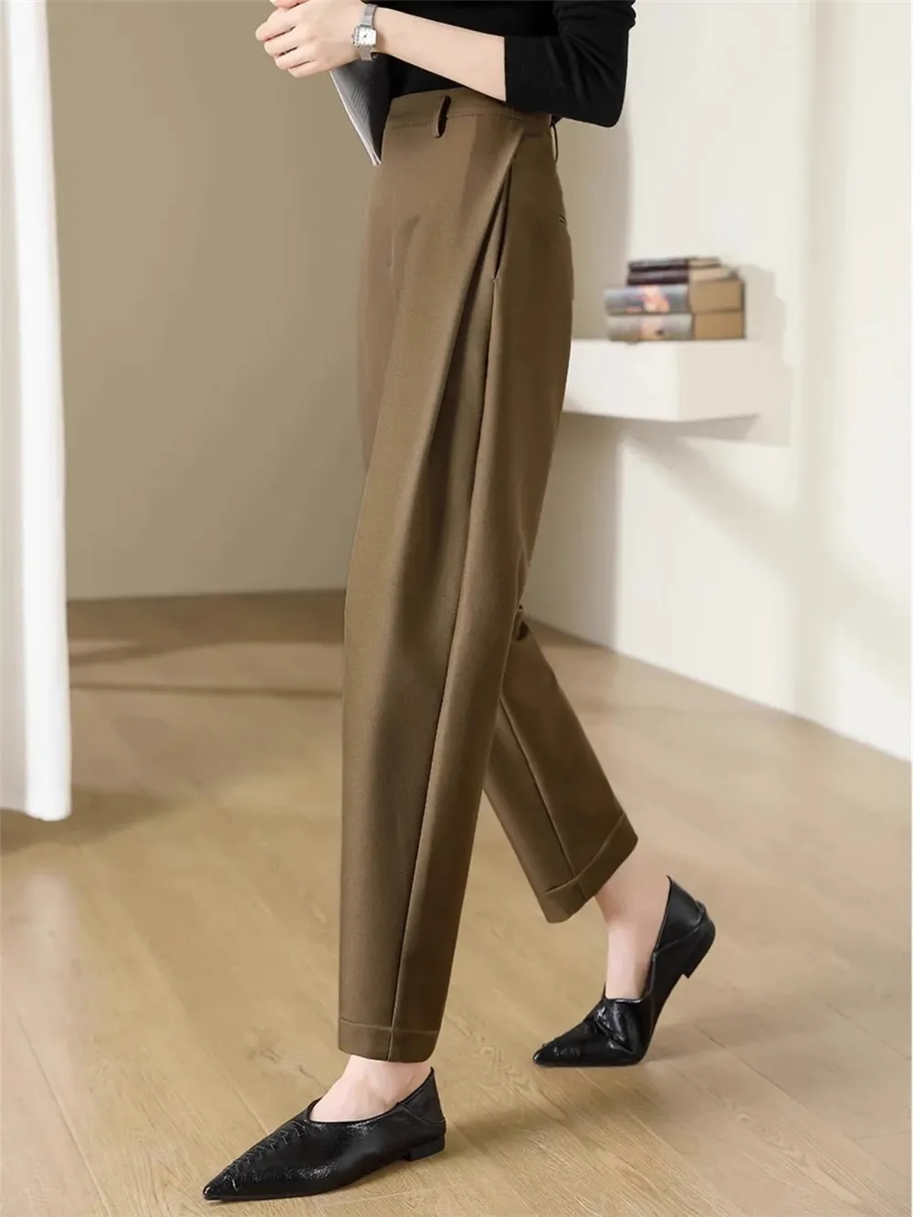 Woolen Casual Pants Women\'S Winter Warm Fashion Harem Pant Office Ladies Loose Autumn High Waisted Straight Tube Suit Pants