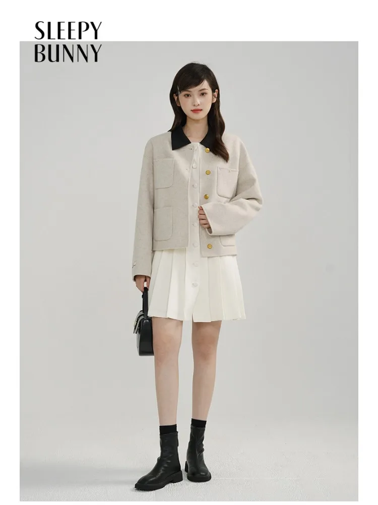 

Elegant Wool Short Coat Chic Double-Faced Jacket Warm Winter Outerwear for Petite Women with Stylish Design High-Quality Fabric