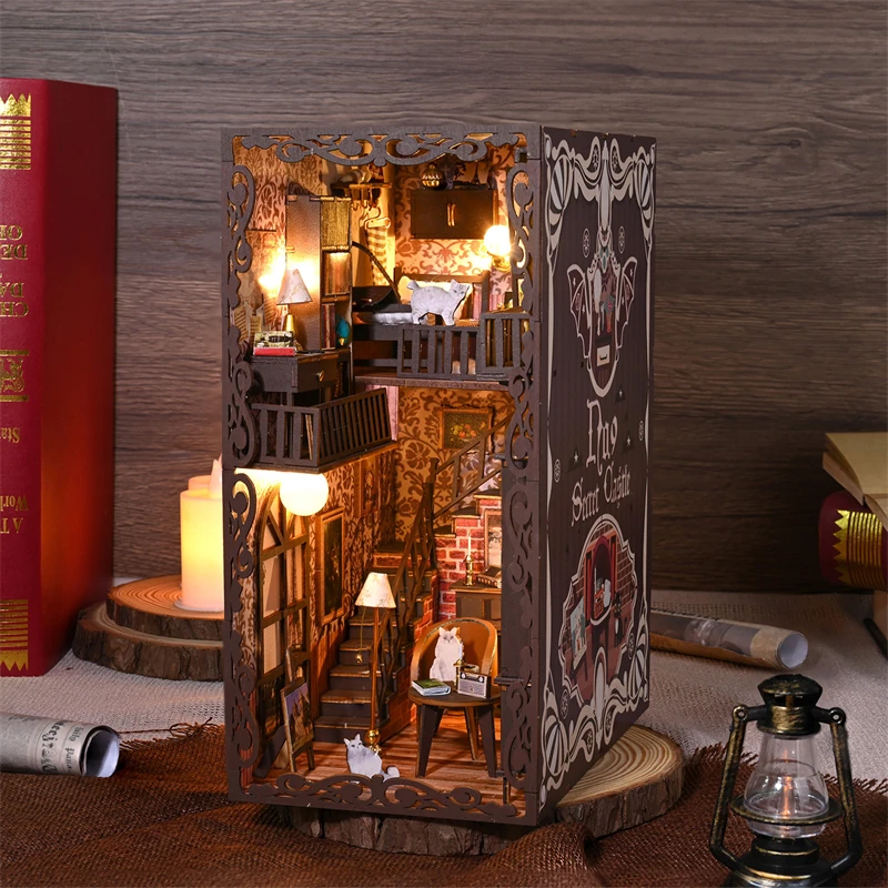 Kit de modèles miniatures en bois de coin de livre bricolage, serre-livres de château secret n ° 9, puzzle 3D assemblé, étagère pour amis, cadeaux, décoration d'intérieur