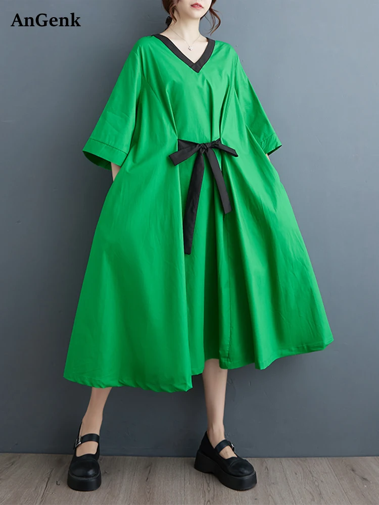 

Green Vintage Contrast Color Dresses For Women 2024 Summer Bow Three Quarter Sleeve Loose Casual Dress Fashion Elegant Clothing