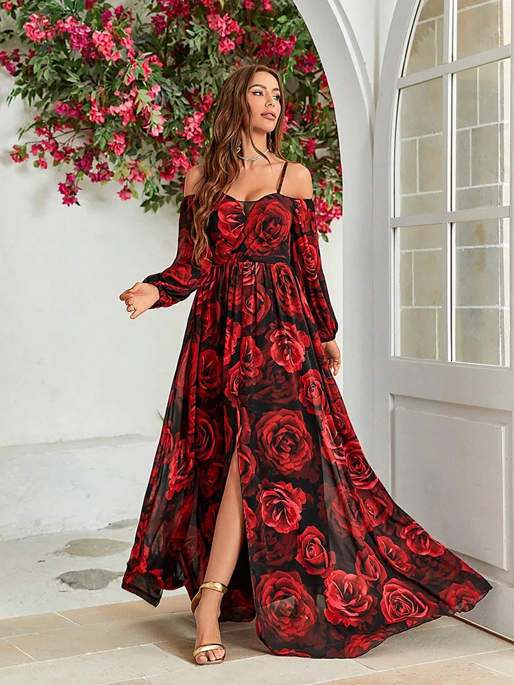 TOLEEN-Vestido largo con estampado Floral para mujer, traje Sexy de gasa con hombros descubiertos y abertura hasta el muslo, estilo bohemio, ideal para vacaciones, novedad de 2024