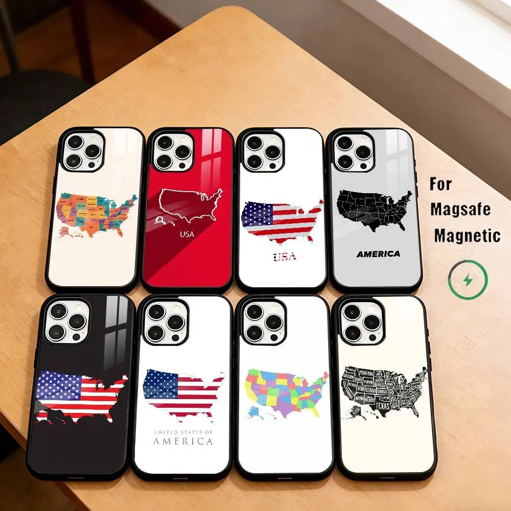 U-United S-States map Phone Case For iPhone17,16,15,14,13,12,11 Plus,Pro Magnetic with Magsafe Wireless Charging