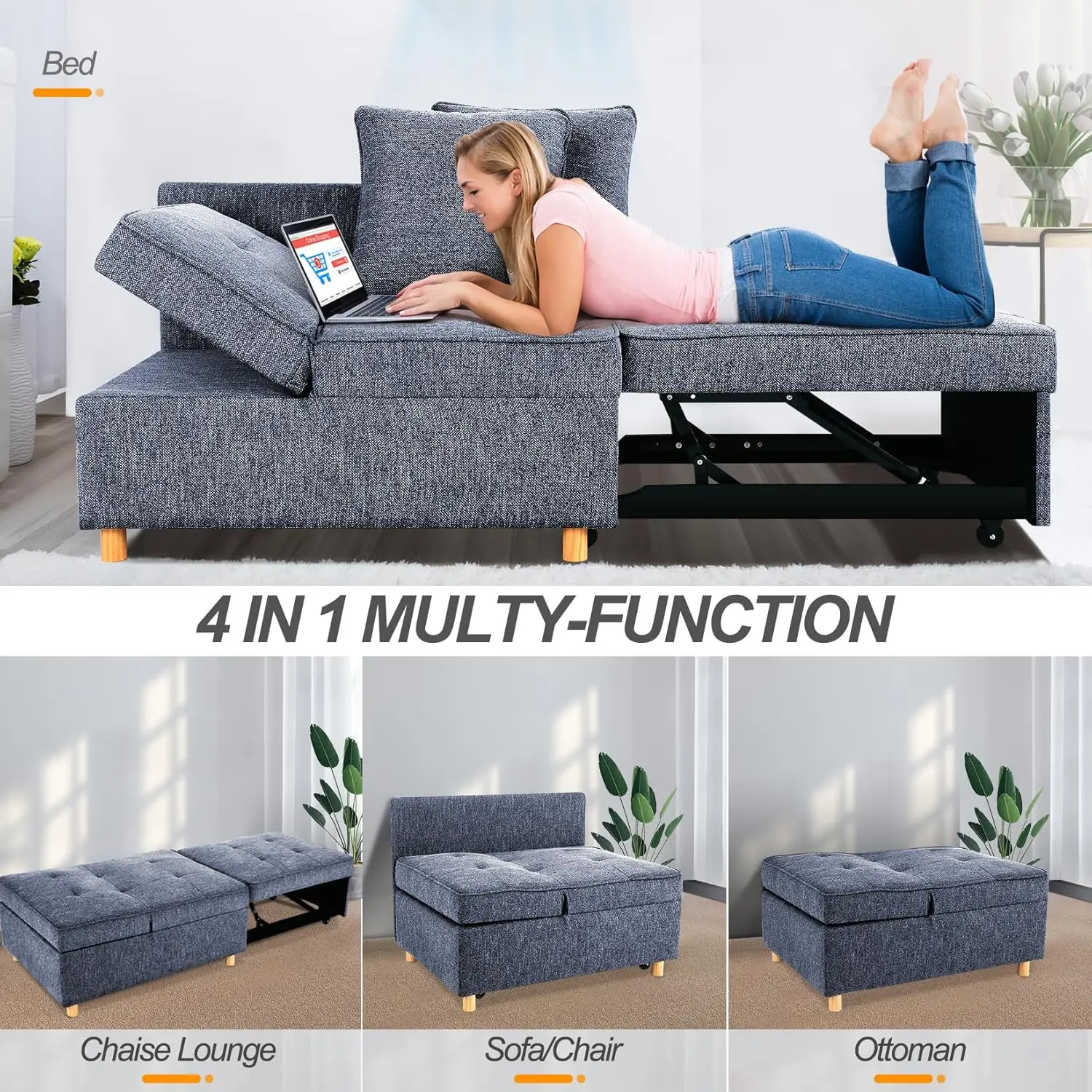 Four in one convertible sofa and long sofa, 3-seater linen double sofa with 2 pillows, 5 adjustable backrests, blue image 5