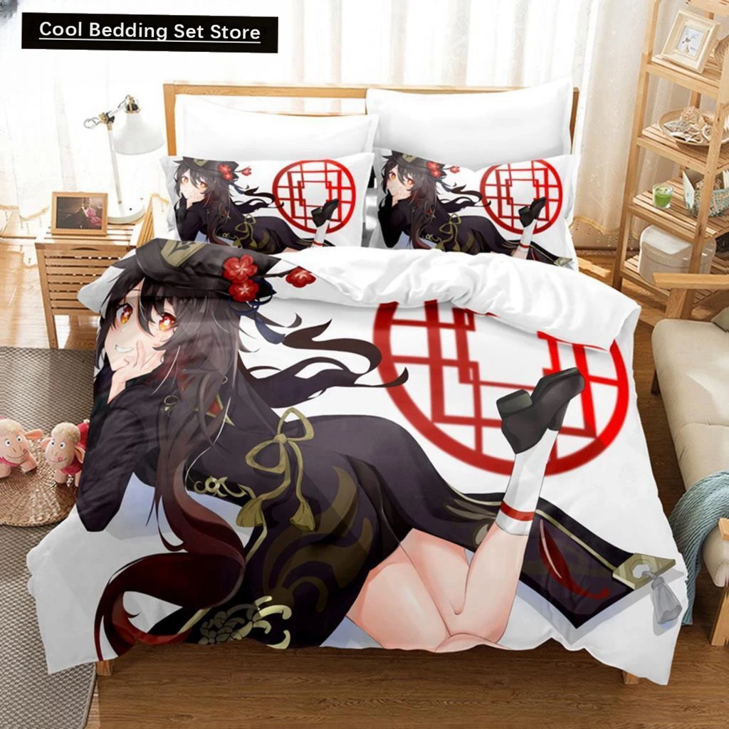 

New 3D Anime Hu Tao Genshin Impact Duvet Cover Bedding Set Comforter Linen Pillowcases Home Decor Single Double Twin King Queen