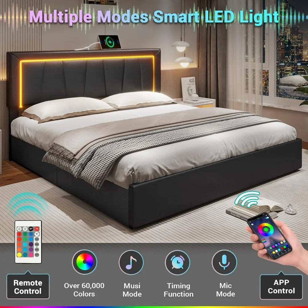 California King Bed Frame with 4 Storage Drawers, LED Light Platform Bed Cal King Size with Charging Station