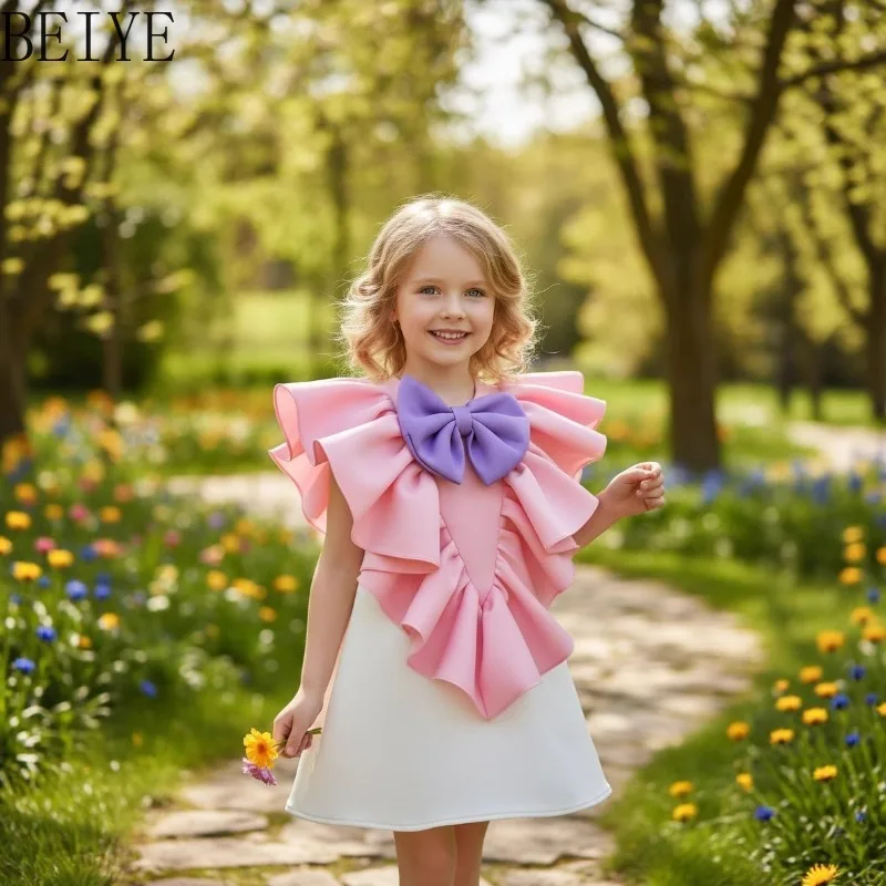 

Luxury Contrast Color Pink White Kids Formal Dress Oversized Purple Bow Neck Ruffle Dress Children Wedding Flower Party Dress