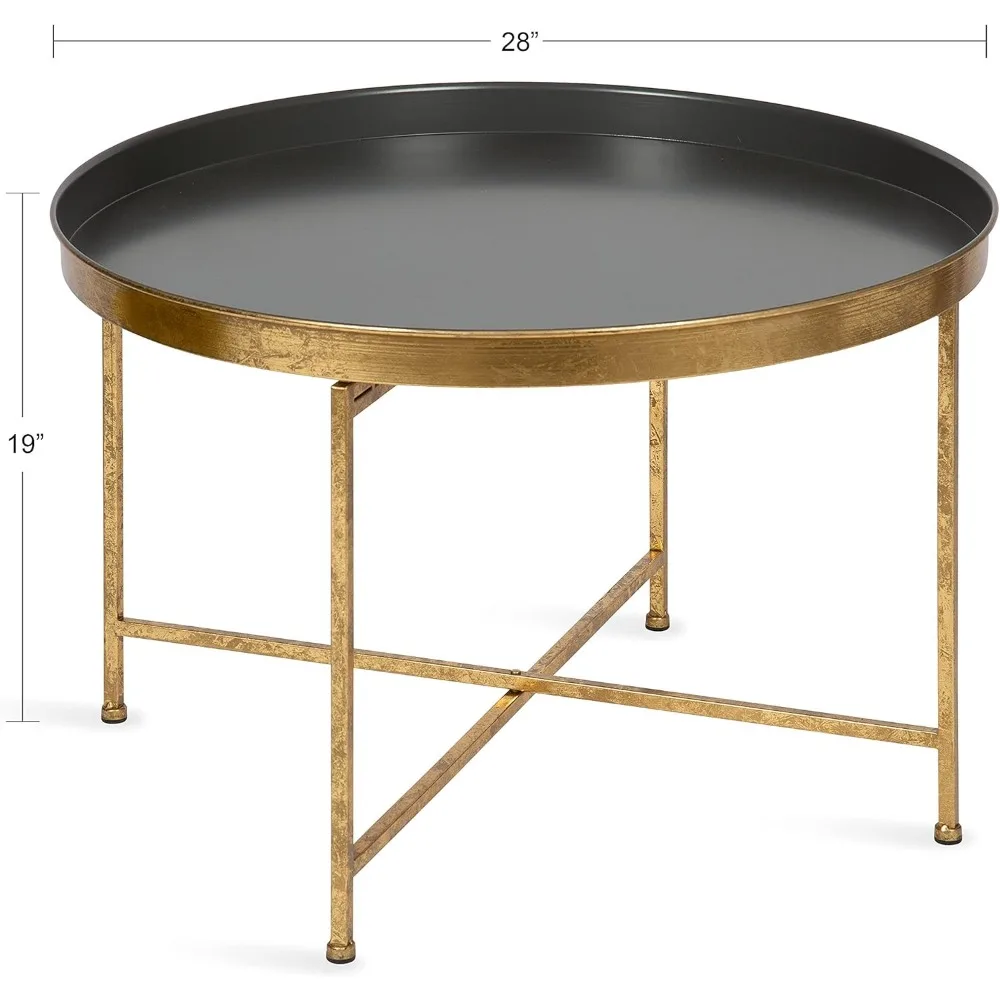 Metal Foldable Round Accent Coffee Table Mirrored Surface and Gold Frame Modern Minimalist Design  Detachable Magnetic Tabletop