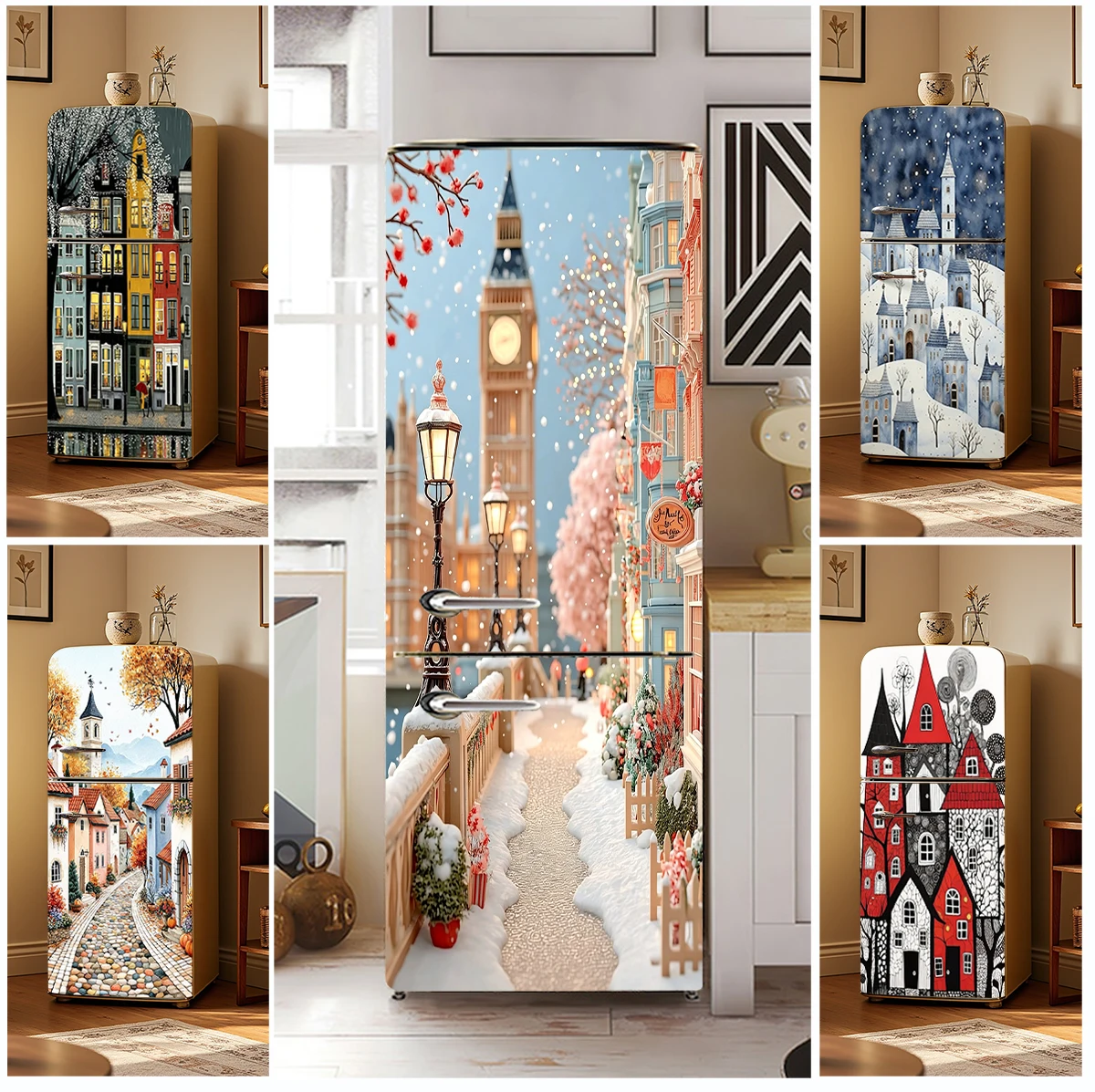 Winter Snow Town Fridge Sticker Waterproof Self-adhesive Peel and Stick Refrigerator Cover Decal Home Wall Art Modern Decor Art