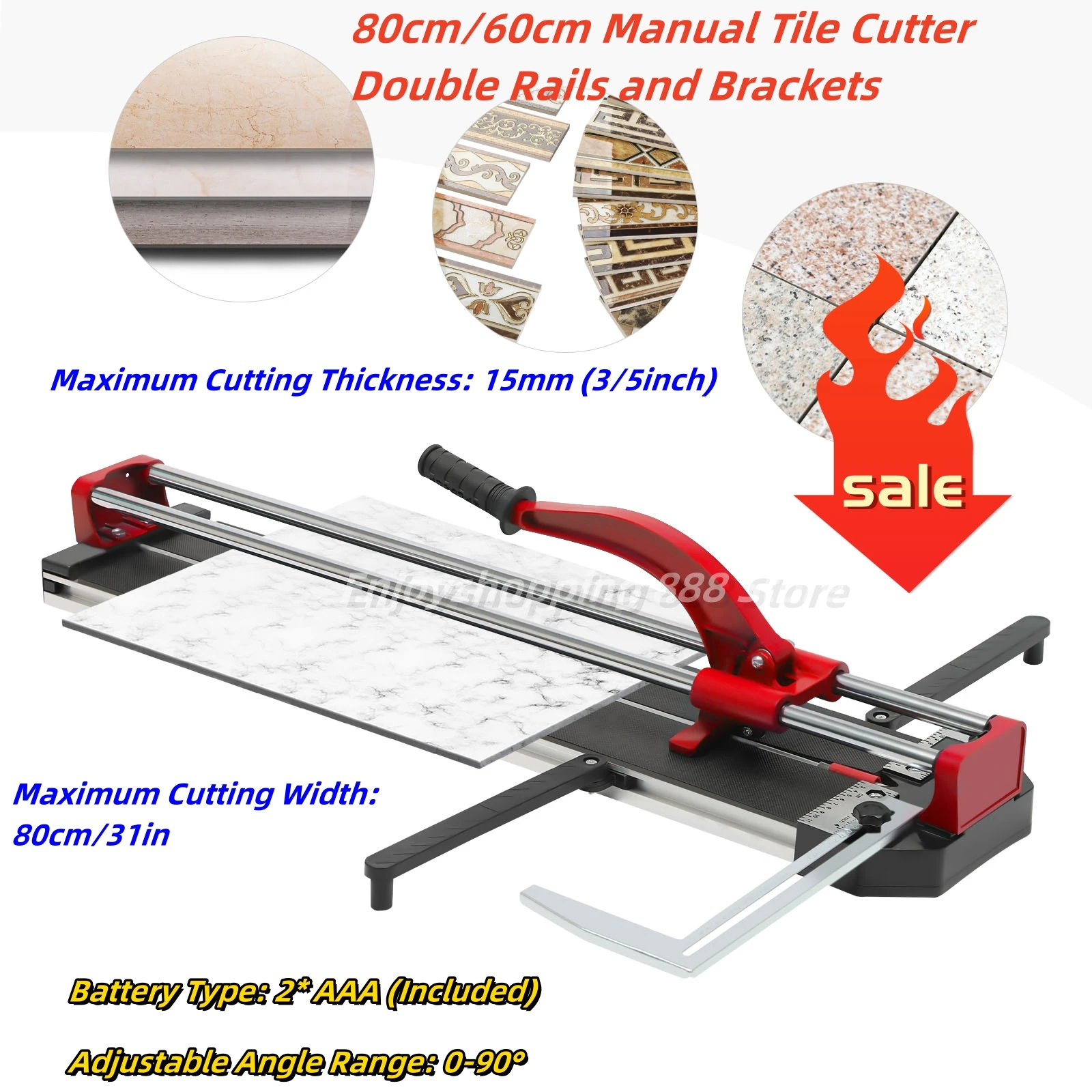 80cm/60cm Manual Tile Cutter Double Rails and Brackets with Precision Infrared Positioning for Precision Cutting Red/blue