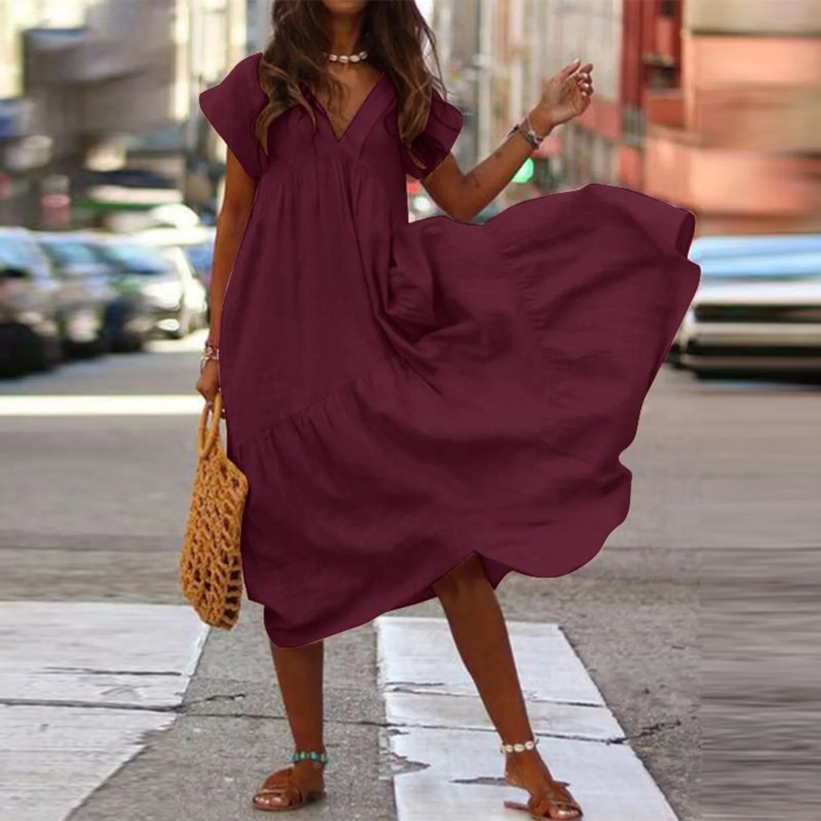 2024 Mode Vrouwen Zomer Casual Losse Elegante V-hals Korte Mouwen Effen Strapless Jurk Onregelmatige Zoom Maxi Vrouwelijke Jurk